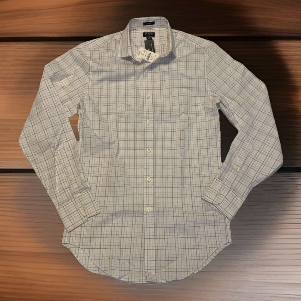 NWT J.Crew Performance Dress Shirt Mens XS Extra Small Slim Fit Plaid Grid White
